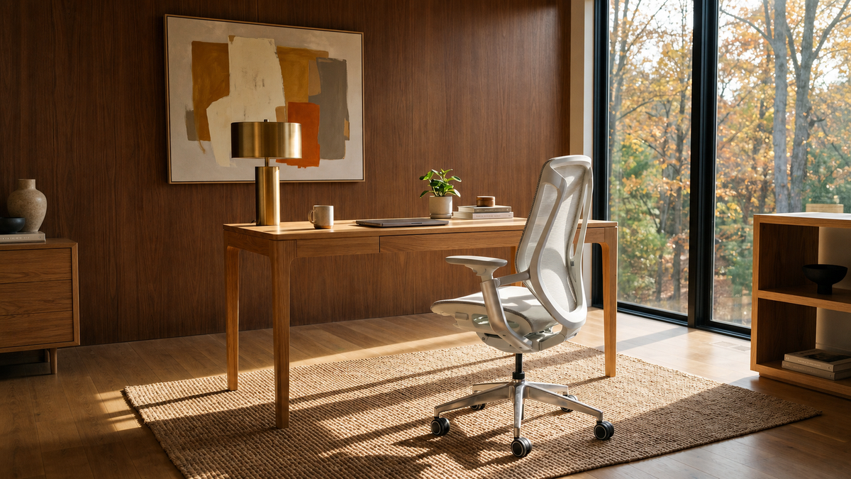 White BIRCH ergonomic chair at a wooden desk in a warm home office