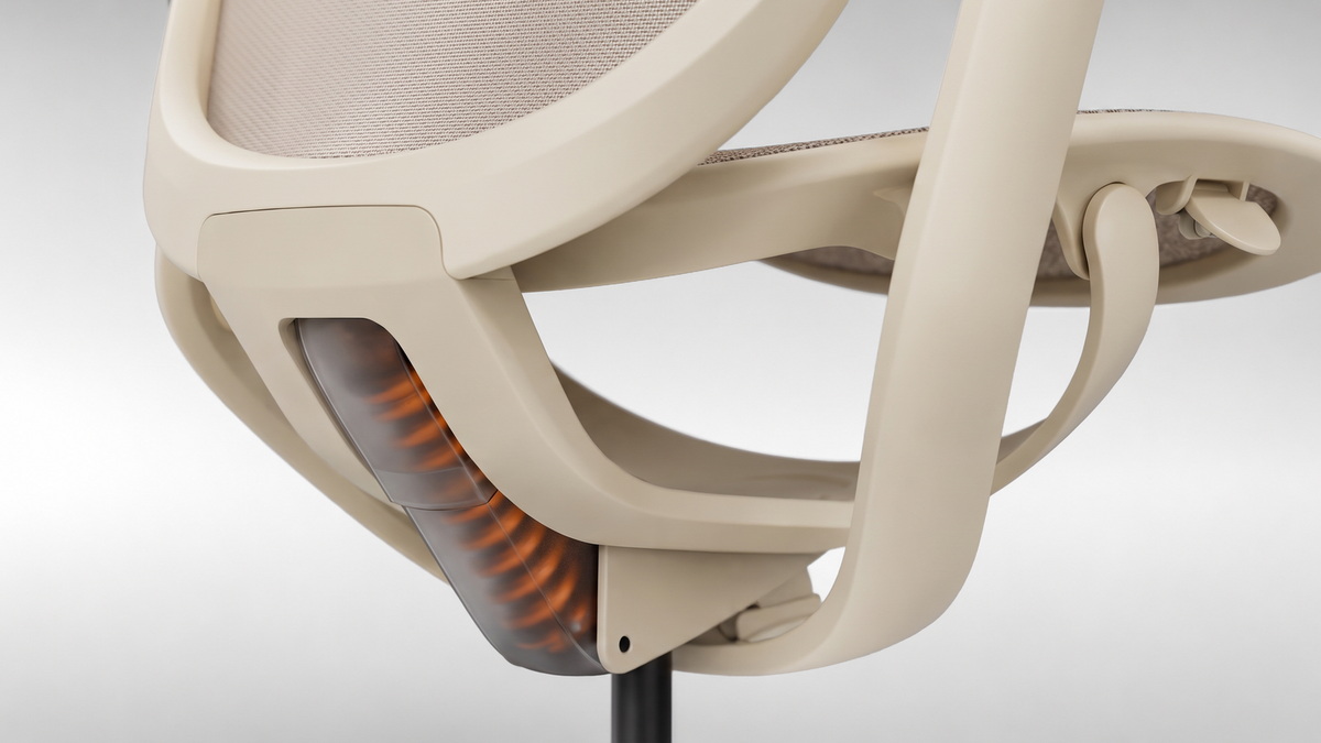Close-up of an ergonomic chair seat frame and adjustment mechanism
