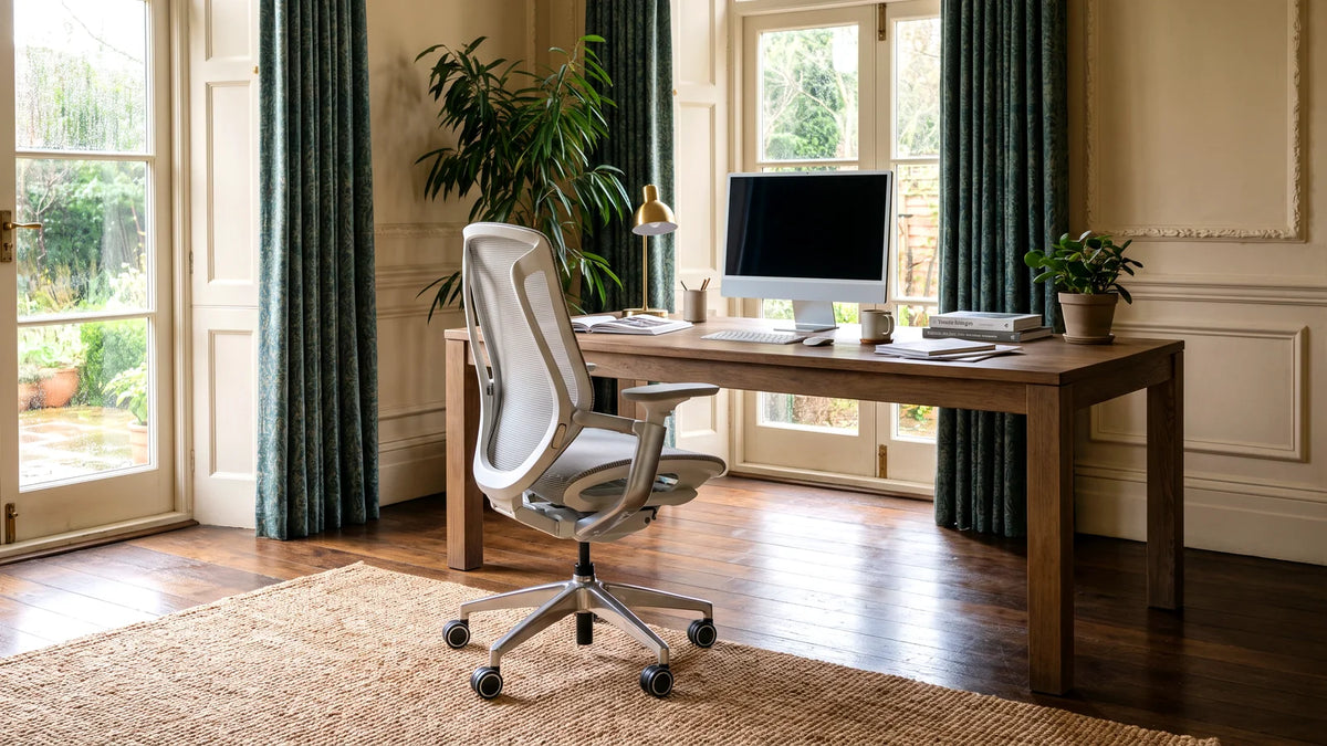 White BIRCH ergonomic chair at a wooden desk with a monitor in a home office