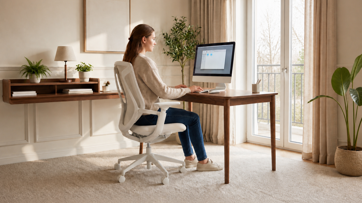 Woman working at a desk in a white BIRCH ergonomic chair in a bright home office
