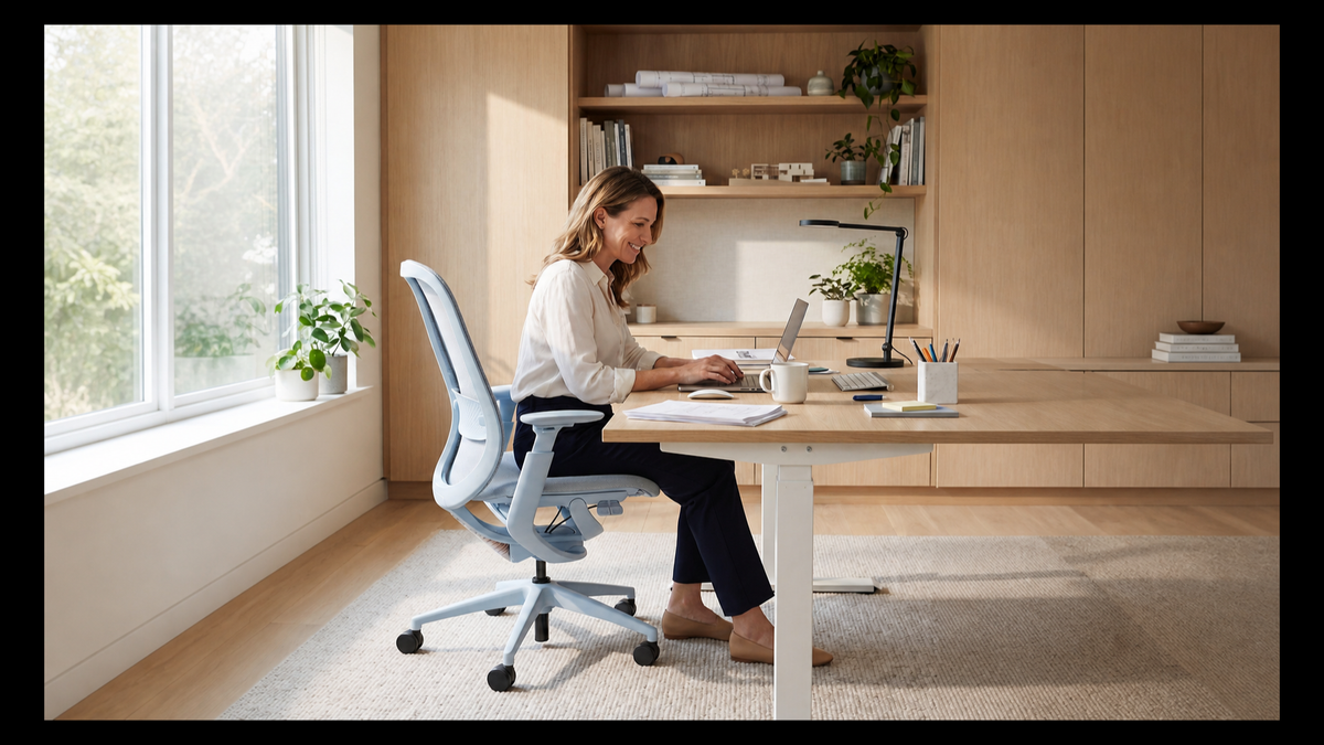 Woman seated in a light blue ergonomic chair at a warm home-office desk