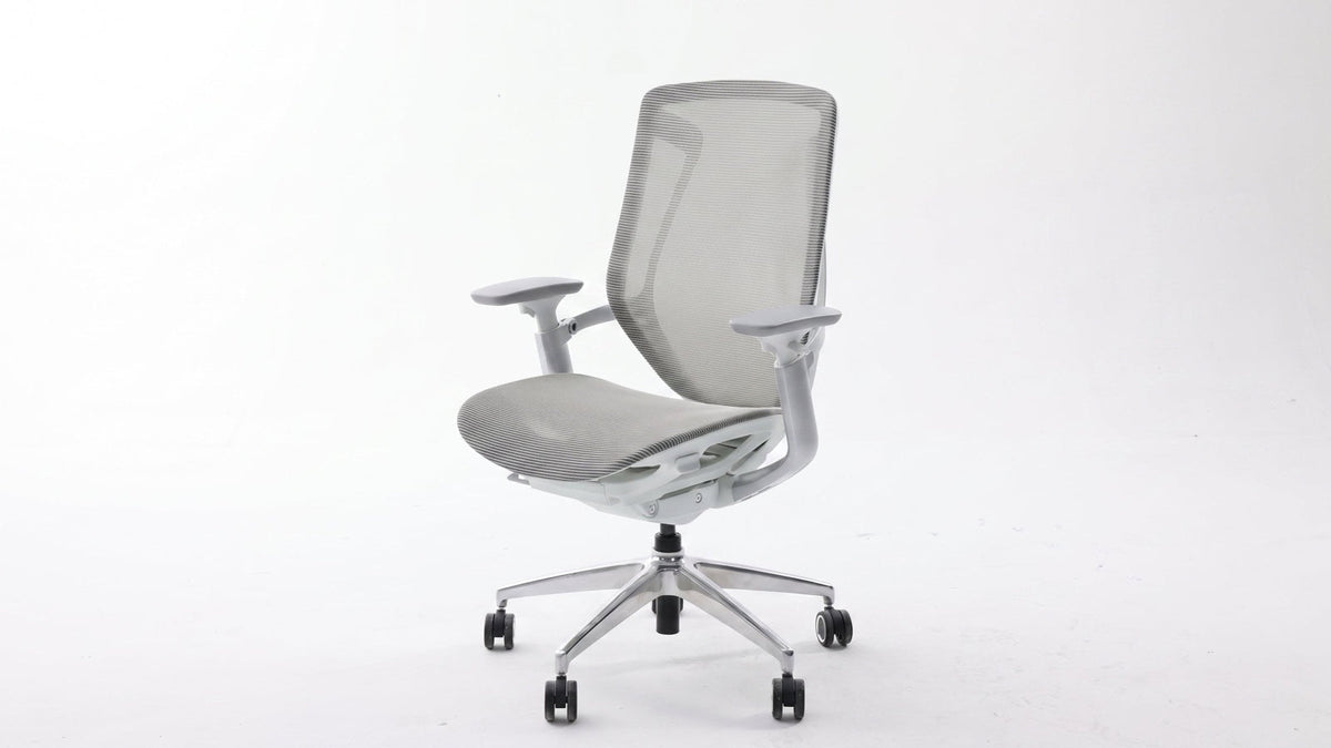 Full white BIRCH ergonomic chair in a front three-quarter view showing both armrests