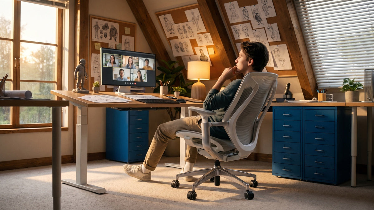 Person seated in a white BIRCH ergonomic chair at a height-adjustable desk in a warm attic home office