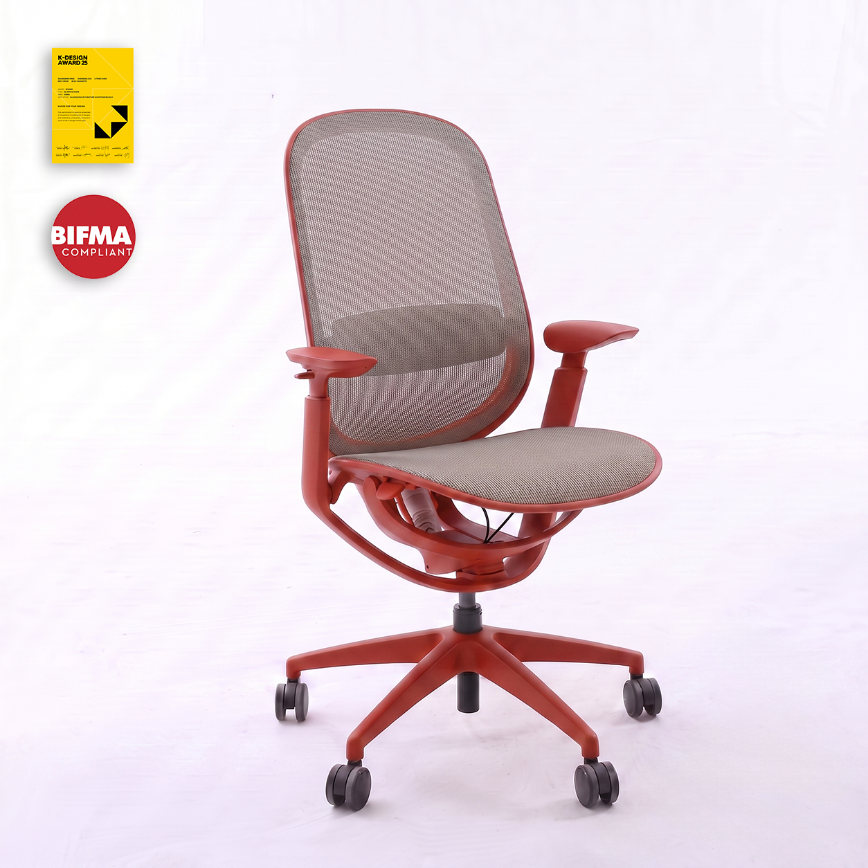 Red O2 ergonomic chair with a mesh back, K-Design Award and BIFMA badges