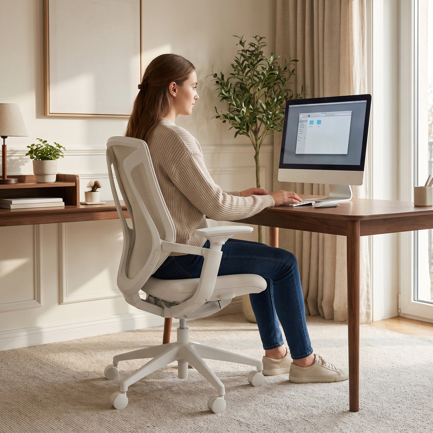 Woman working at a desk while seated in a white BIRCH ergonomic chair in a bright home office