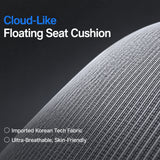 Close-up of the BIRCH ergonomic chair floating seat cushion and breathable grey fabric