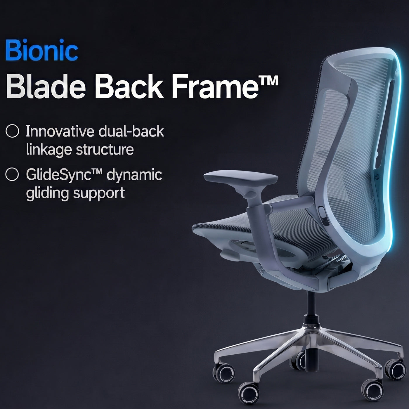BIRCH ergonomic chair Bionic Blade Back Frame graphic highlighting dual-back linkage and GlideSync gliding support