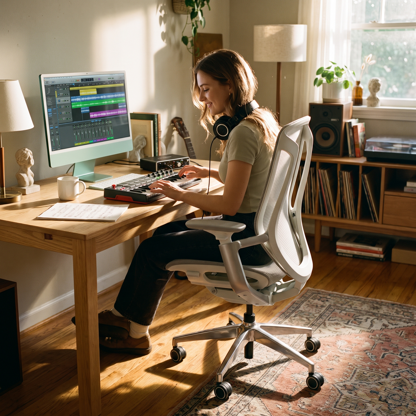 Mia using BIRCH in a warm home music studio