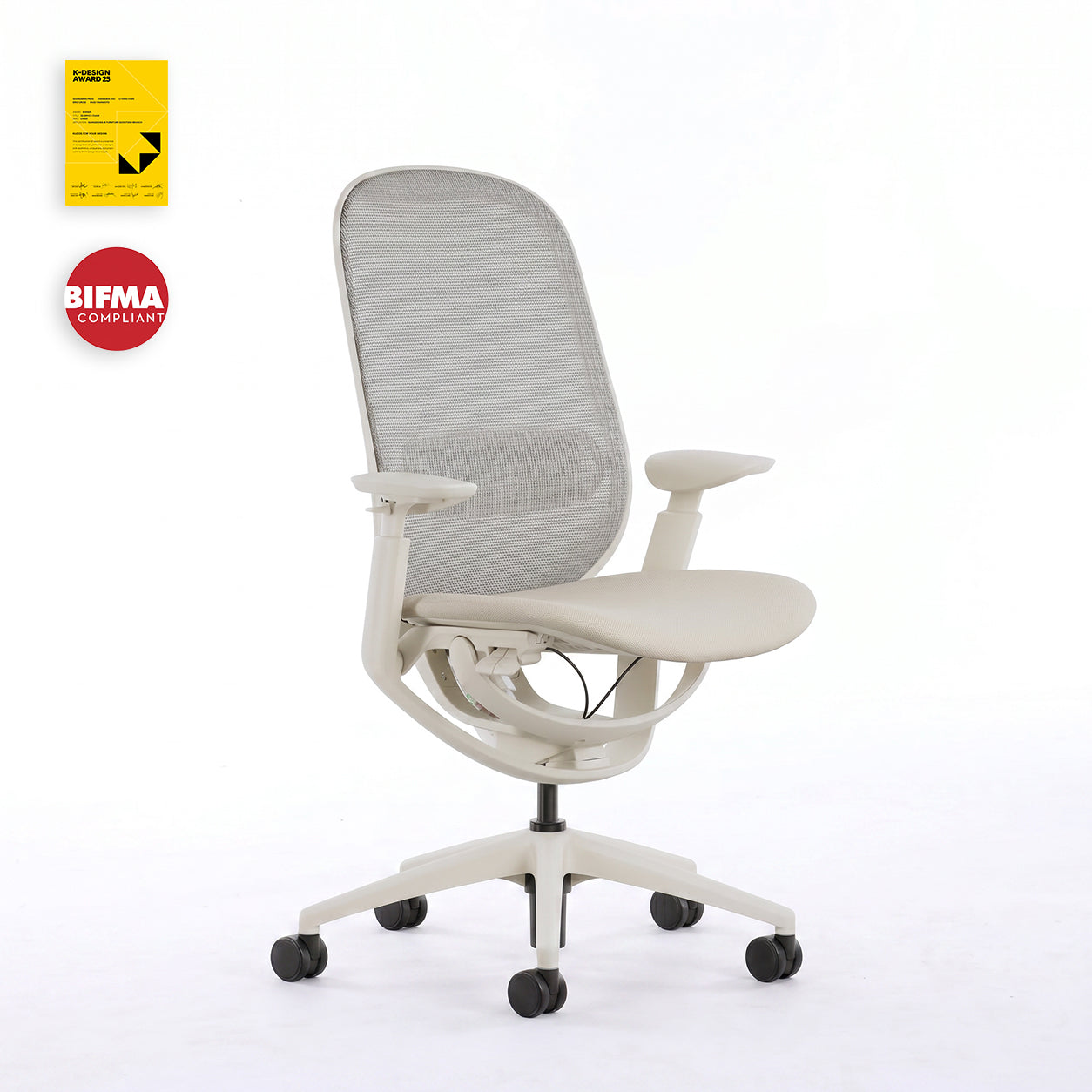 Beige O2 ergonomic chair in front three-quarter view with K-Design Award and BIFMA badges