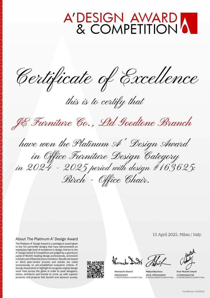 BIRCH Platinum A’ Design Award certificate, Office Furniture Design, 2024–2025