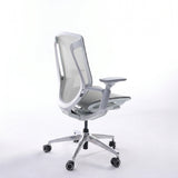 Grey BIRCH ergonomic chair in rear three-quarter view showing its mesh back and polished metal base