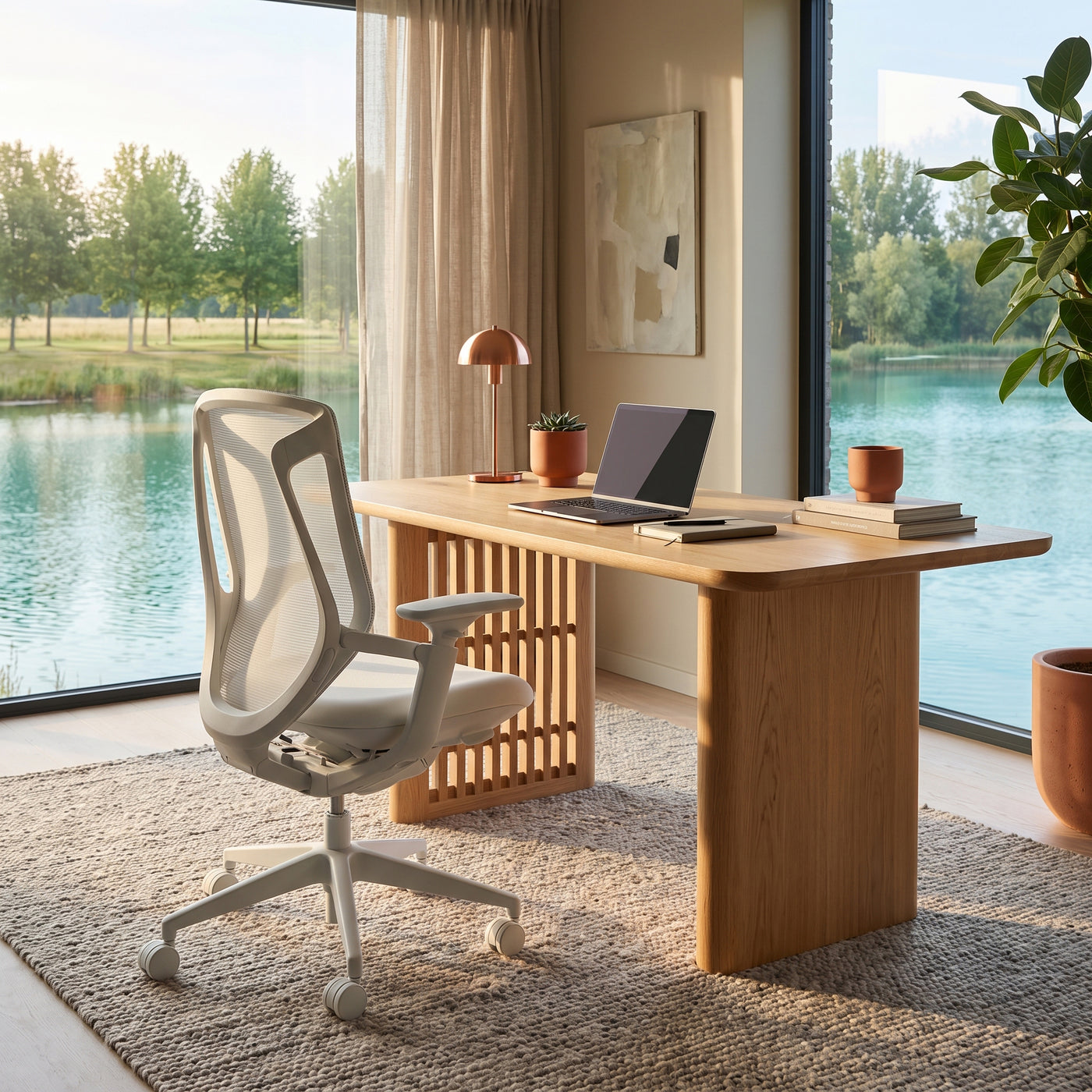 White BIRCH ergonomic chair beside a wooden desk in a sunlit lakeside home office