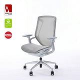 Grey BIRCH ergonomic chair in front three-quarter view with A' Design, GREENGUARD and BIFMA certification badges