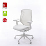 White BIRCH ergonomic chair in front three-quarter view with A' Design, GREENGUARD and BIFMA certification badges