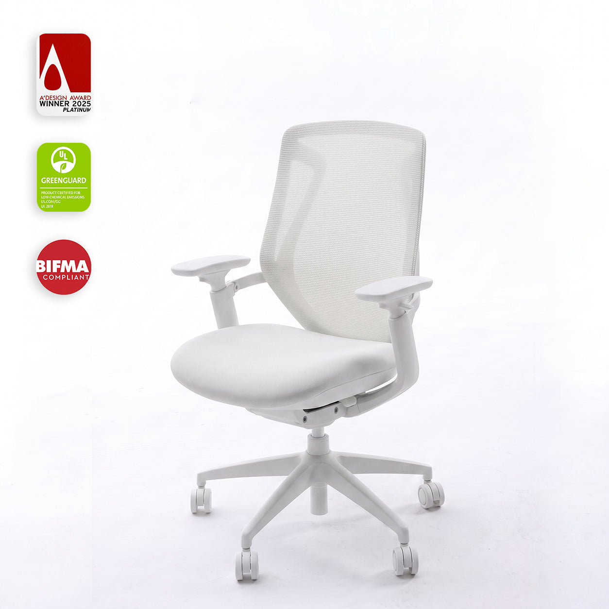 White BIRCH ergonomic chair in front three-quarter view with A' Design, GREENGUARD and BIFMA certification badges