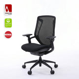 Black BIRCH ergonomic chair in front three-quarter view with A' Design, GREENGUARD and BIFMA certification badges