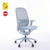 Light blue O2 ergonomic chair in front three-quarter view with K-Design Award and BIFMA badges