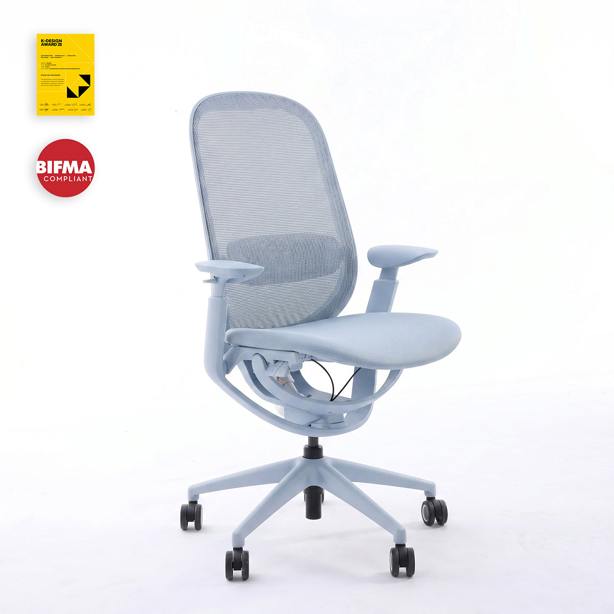 Light blue O2 ergonomic chair in front three-quarter view with K-Design Award and BIFMA badges