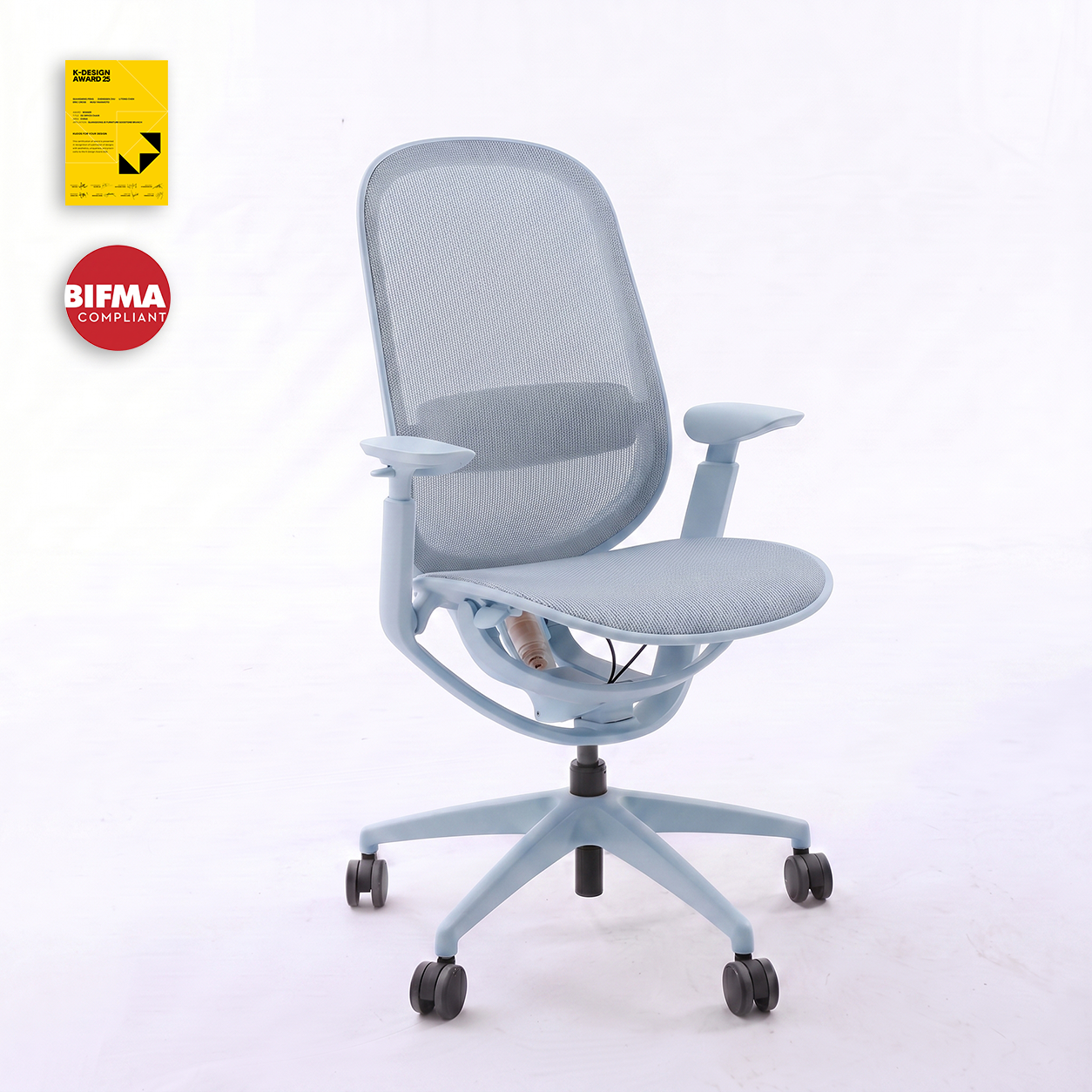 Light blue O2 ergonomic chair with a mesh back, K-Design Award and BIFMA badges