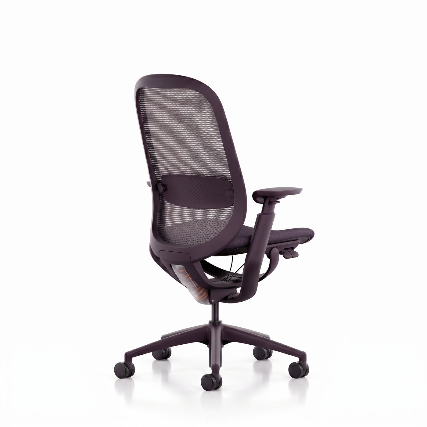 Purple O2 ergonomic chair in rear three-quarter view showing the mesh back and lumbar support