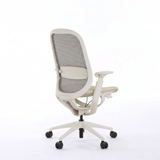 Beige O2 ergonomic chair in rear three-quarter view showing the mesh back and lumbar support