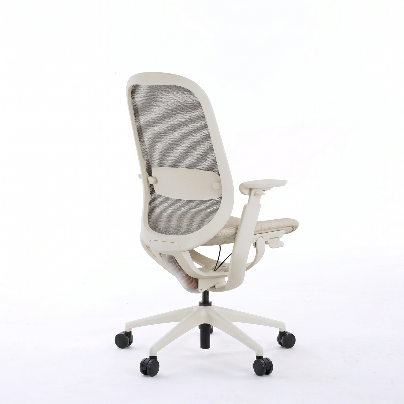 Beige O2 ergonomic chair in rear three-quarter view showing the mesh back and lumbar support