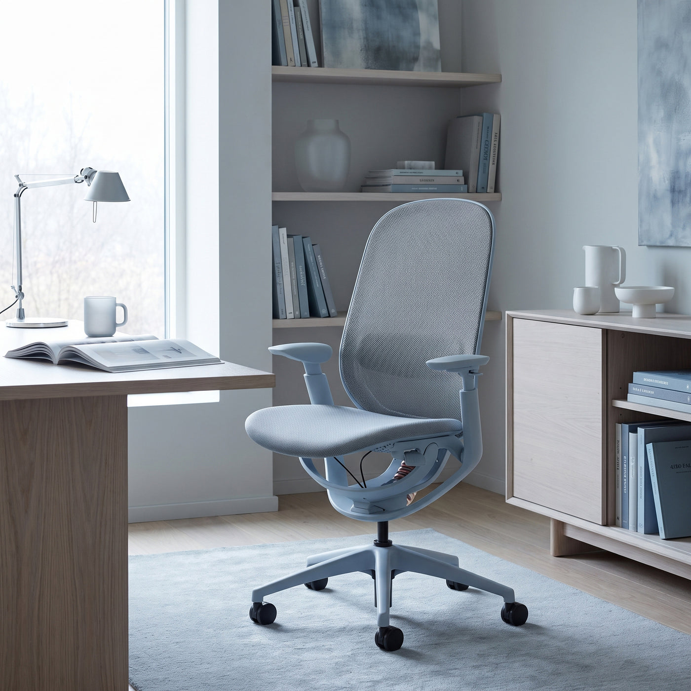 Light blue O2 ergonomic chair beside a desk in a cool-toned home office