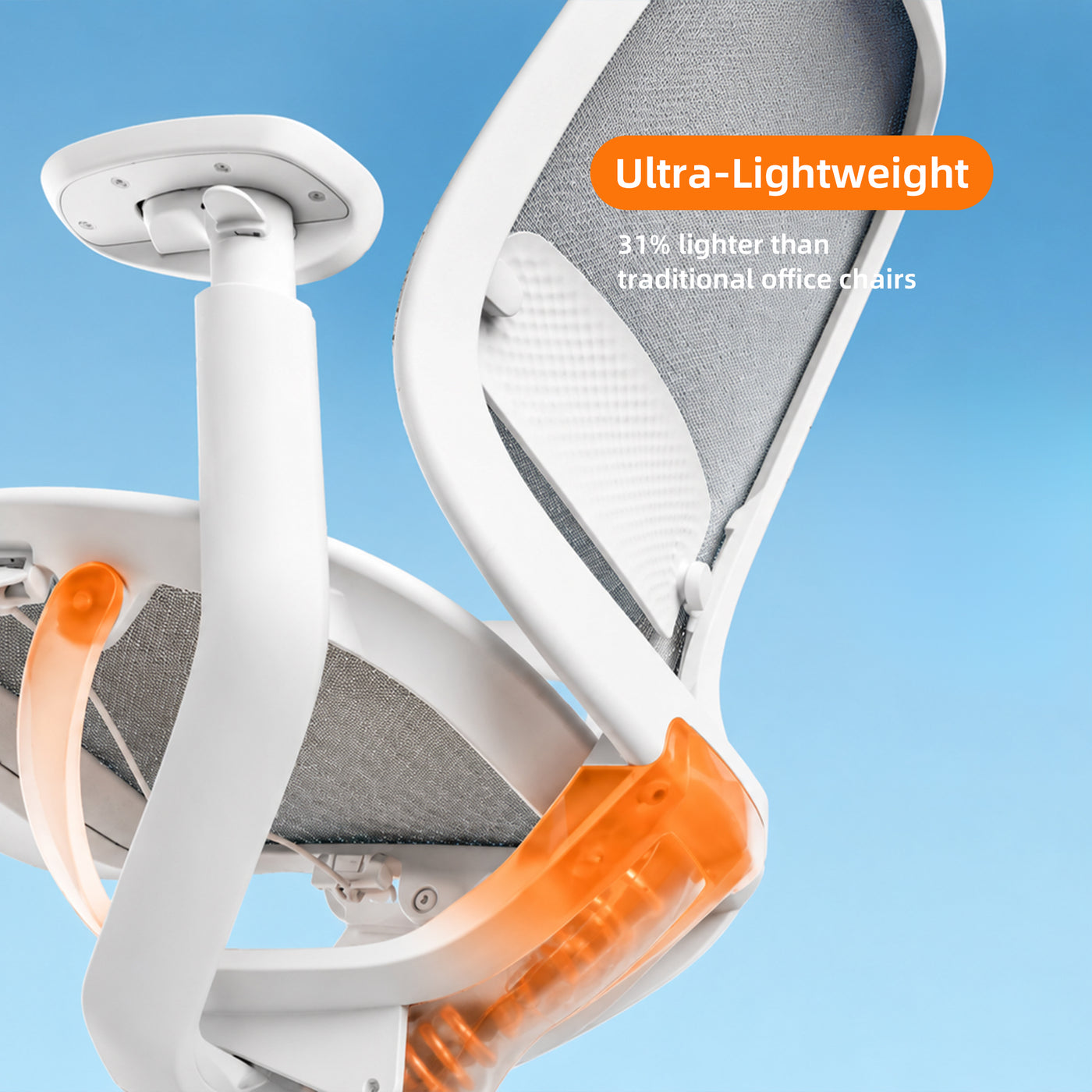 Ultra-lightweight O2 ergonomic chair frame and recline mechanism highlighted in orange