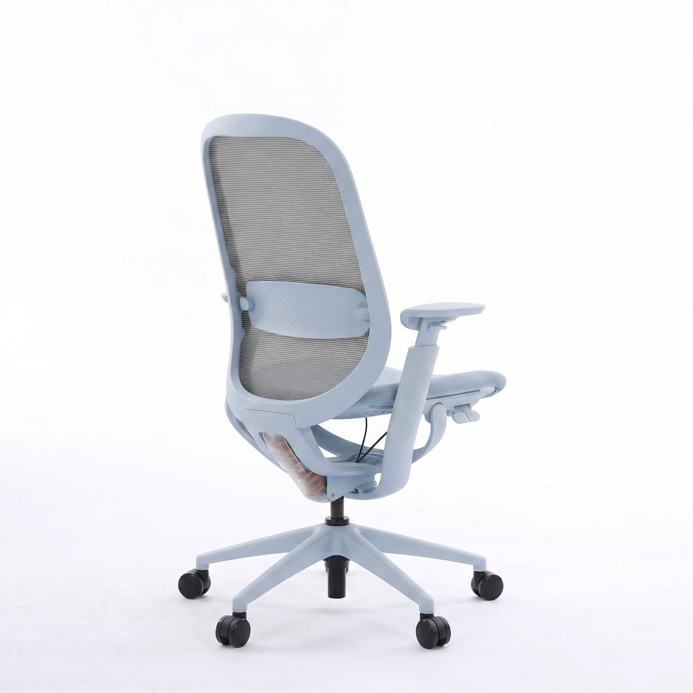Light blue O2 ergonomic chair in rear three-quarter view showing the mesh back and lumbar support