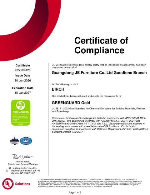 First page of the BIRCH GREENGUARD Gold certificate 435809-420